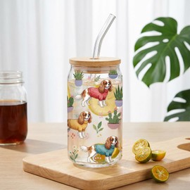 Cavalier King Charles Spaniel Gift for Women, 16 oz Glass Cup with Lids and Straws for Coffee, Juice