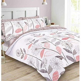 Dreamscene Bed Linen Set, Blush Pink Grey Floral Check, Single