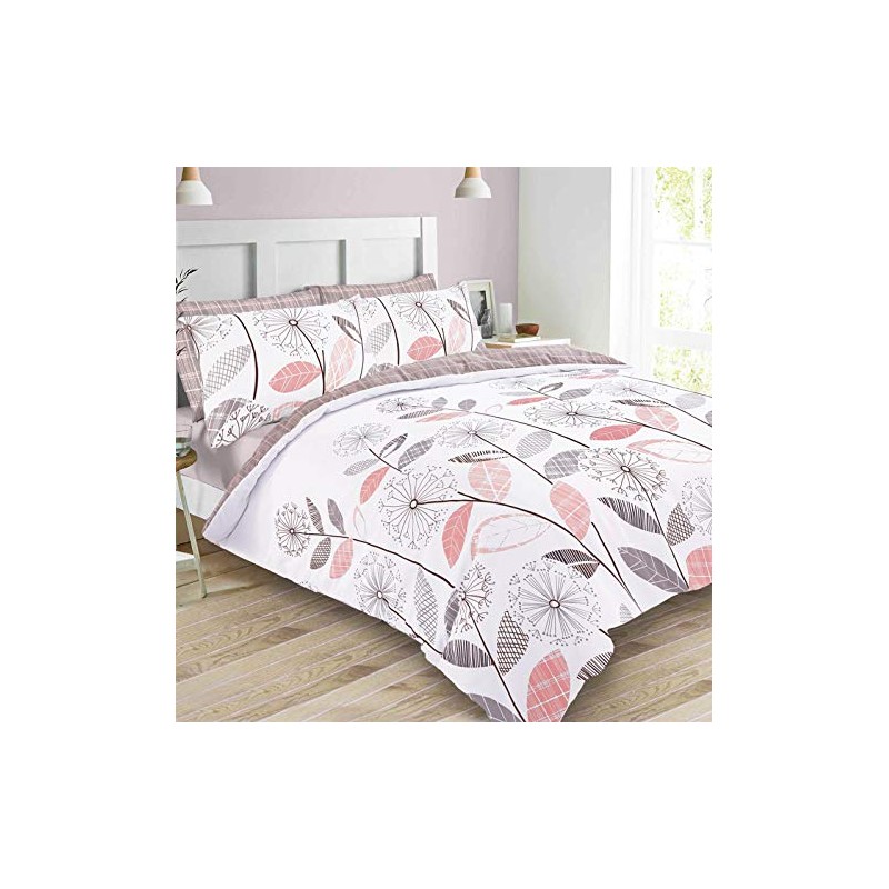 Dreamscene Bed Linen Set, Blush Pink Grey Floral Check, Single