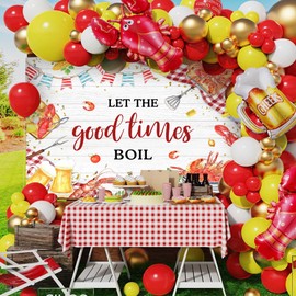 MEHOFOND Crawfish Boil Backdrop Let The Good Times Red Plaid Seafood Boil Background for Birthday Baby Shower Family Summer Holidays Engagement Party Banner 7x5ft