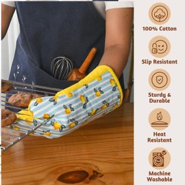 Folkulture Oven Mitts Heat Resistant 12" x 5.5" or Silicone Oven Mitts, Cotton Oven Mits for Spring, 12" x 5.5" Oven Mits/Glove Set or Cute Kitchen Mittens, Kitchen Oven Mitt Set - (Lemon Party)