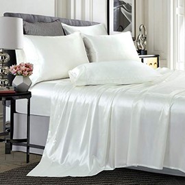 TREELY 6 Piece Satin Sheets Full Size Silky Smooth Ivory White Satin Sheet Set with Deep Pocket, Satin Fitted Sheet, Flat Sheet, 4 Satin Pillowcase