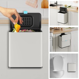 LINSSEN Stainless Steel Hanging Trash Can with Lid and Inner Bucket, 2 Gallon Kitchen Compost Bin for Counter Top, Under Sink or Wall Mount, Small Garbage Can for Cupboard/Bathroom/Bedroom/RV, White