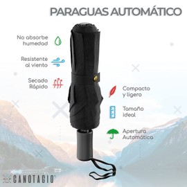 Canotagio Paraguas automatico plegable de bolsillo. Paraguas de viaje compacto para lluvia y Sol con funda. Sombrilla para lluvia con secado rápido y de amplia cobertura con 97 cm de Diámetro (Negro)