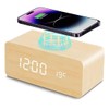 Wooden Digital Alarm Clock with Wireless Charging, 3 Alarms LED