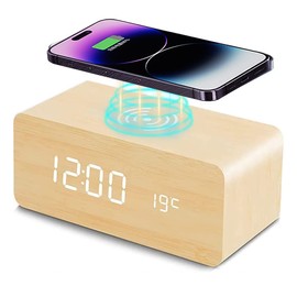 Wooden Digital Alarm Clock with Wireless Charging, 3 Alarms LED Display, Sound Control and Snooze Dual，Adjustable Brightness, Time Temperature (Yellow)