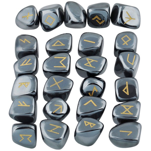 SUNYIK Natural Hematite Rune Stones Set with Engraved Elder Futhark Alphabet Lettering Polished Healing Crystal Kit