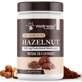 Mushroom Hazelnut Powder with Reishi 10:1 Extract, Hot Cocoa Powder Caffeine-Free Mushroom Coffee Alternative - Adaptogenic Superfood Drink for Focus, Relaxation, and Mood Support - 30 Servings