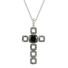MARC 925 Sterling Silver 1.70 ct Cushion cut 8x8 mm Black Onyx & Marcasite Cross Pendant Necklace with 18" Chain