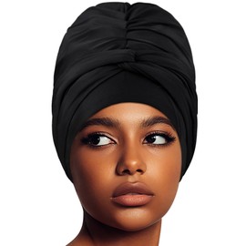 Swim Turban Waterproof Silicone Lined Swim Cap for Braids and Dreadlocks Long Hair Swim Caps for Women Youth - Large Swim Caps, Large, Black