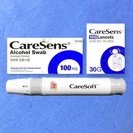 Caresoft 케어소프트 채혈기 1개 + 채혈침100 + 알콜솜100 [케어센스 채혈침 100개입 / 케어센스 알콜스왑] CareSoft Lancet Device 1 + 100 Lancets + 100 Alcohol Swabs [CareSense Lancets 100pcs / CareSense Alcohol Swabs]
