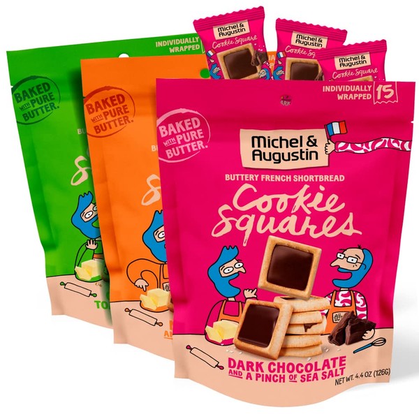 Michel et Augustin Gourmet Chocolate Cookie Squares | Individually Wrapped European Cookies | 3-Bag Variety Pack | 15 French Shortbread Cookies per Bag