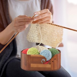 DIY Yarn Bowl Set, with Crochet Hook and Sew Needles Wooden Yarn Bowls for Knitting and Crochet, Large Crochet Yarn Holder Bowl(Brown)