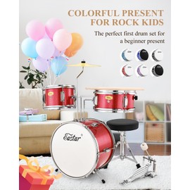Eastar Drum Set for Kids and Beginners, 3-Piece 14'' Drum Kit with Adjustable Throne, Cymbal, Pedal & Two Pairs of Drumsticks, Junior Drum Set with Bass Tom Snare Drum, Metallic Red