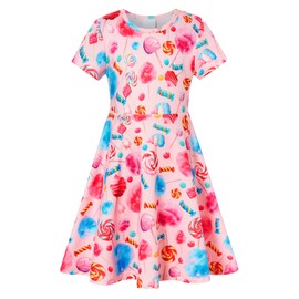 RAISEVERN Dresses for Girls Lollipop Candy Land Casual Sundress Short Sleeve Kids Summer Swing Twirly Midi Dress 9 Years Old