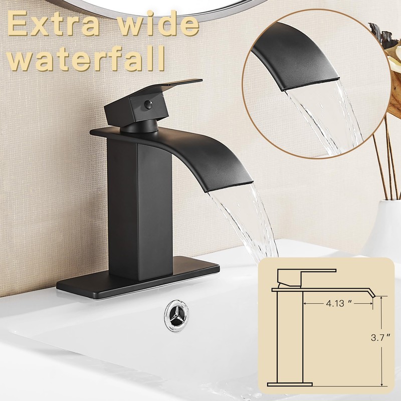 Fransiton Black Waterfall Bathroom Faucet Lavatory Single Handle 1 or