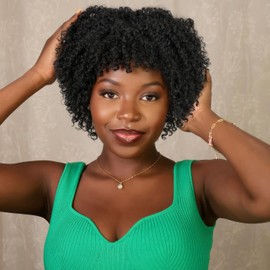 Hanne Fashion Short Curly Afro Wig With Bangs for Women Kinky Curly Wigs Natural Black Afro Wig Heat Resistant Fluffy Synthetic Wigs 1B#