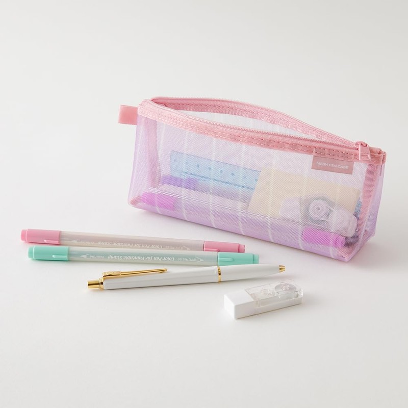 Midori 41849006 Mesh Pencil Case, Gusset, Striped Pattern, Purple