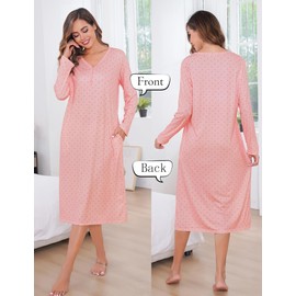 Lovasy Women's Nightdresses&Nightshirts Long Sleeve Nightdresses for Women UK Button Printed Nighties for Women Long Nightgowns Soft Ladies Night Dress with Pockets,Pink Dot,XL
