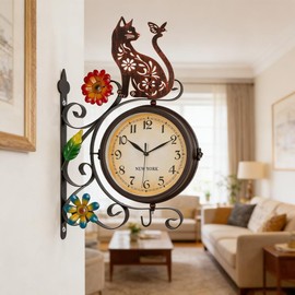 Vintage Double Sided Wall Clock with Metal Frame Antique Cat Wall Clock for Outdoor, Silent no-Ticking Watches & 360 Degree Rotate, Decorative Art Decor for Patio Living Room Restaurants