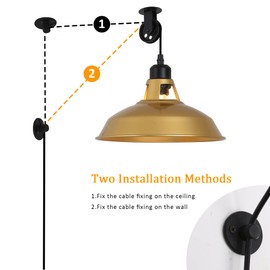 SUNLLOK Industrial Rustic Cage Pendant Light Lift Pipe Pulley Ceiling Fixture - Retro Adjustable Plug in Hanging Lamp with Switch - Indoor Metal Chandelier for Living Room Restaurant (Gold)