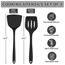 TeamFar Silicone Spatulas, 2pcs Solid & Slotted Cooking Turner for Non-stick Cookware, Kitchen Utensils for Flipping/Frying, Healthy & Seamless, Heat-Resistant & Non-Scratch, Dishwasher Safe, Black