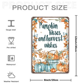 Pumpkin Kisses and Harvest Wishes Metal Tin Sign Fall Decorations for Home Kitchen Farmhouse Porch Thanksgiving Party Wall Decor 8x12 inch