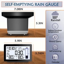 Wireless Rain Gauge Outdoor, Self-Emptying Digital Rain Gauges Outdoors Best Rated, Electronic Rain Measure Gauge for Yard, Freeze Proof Rain Gauge with Thermometer, Remote Rain Meter for Garden