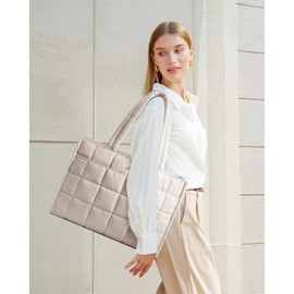 LOVEVOOK Tote Bag for Women, Puffer Work Handbag 15.6 Inch Laptop Purse for Nurse Teacher, Large Quilted Travel Tote Shoulder Bag with Zipper for College Office Clinical Gym, Off white