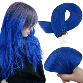 RUNATURE Blue Micro Ring Extensions Real Hair 45 cm Micro Ring Real Hair Extensions Colourful Blue Microlink Hair Extensions Real Hair Straight Hair 18 Inches 25 g