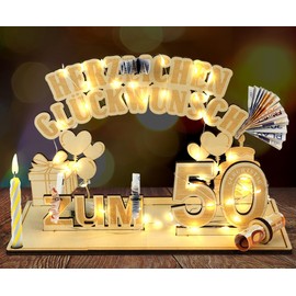 HOTUT Holz Schild Gästebuch, 50 Geburtstag Geschenk Frauen & Männer, Geldgeschenke Geburtstag 50 mit LED Lichterkette Ständer, 50 Geburtstag Jubiläum, Geburtstag Deko, Personalisierbares Geschenk