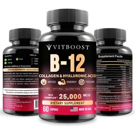 B12 with Hyaluronic Acid, Collagen and Folate – 25000 mcg B12 Methylcobalamin Supplement | Maximize Absorption & Energy | Gluten Free USA Made, B1, B2, B3, B6, B7 Complex - 60 Capsules