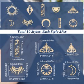 SUNNYCLUE 1 Box 20Pcs Moon Charms Moon Phase Charm Sun Brass Crescent Butterfly Charm Rectangle Double Sided Flat Round Hollow Charms for Jewelry Making Charm Necklace Earrings DIY Craft Adult Women