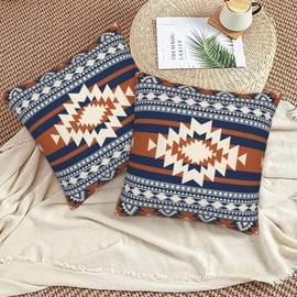 Western Aztec Navy Blue Burnt Orange Throw Pillow Covers 16x16 Set of 2, Native American Pillow Case Outdoor Decor Cushion Case Decoration for Home Couch Chair Sofa