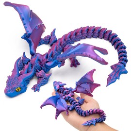 skyzntn Fantasy Dragon Figurine, 3D Printed, Iridescent Blue and Purple, Articulated Wings (Blue-Purple with Wings)