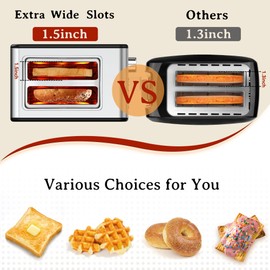 YIOU 2 Slice Stainless Steel Toaster - 1.5 Inch Extra Wide Slots, 6 Browning Settings, Bagel & Defrost Function, Removable Crumb Tray, Easy Cleaning - Black