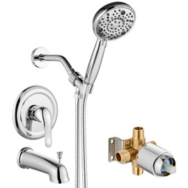 Aolemi Shower Faucet Set with Tub Spout Rain Shower Head System Shower Trim Kit Pressure Rough-in Valve Included 8 Setting Single Handheld Spray Polish Chrome