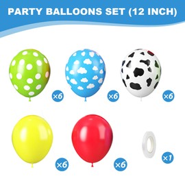 Toy Inspired Story Balloons, 12 Inches Yellow Red Blue Green Dot Balloons Cow Pattern Cloud Printed Balloons for Kids Cartoon Theme Birthday Baby Shower Toy Inspired Story Themed Party Decorations