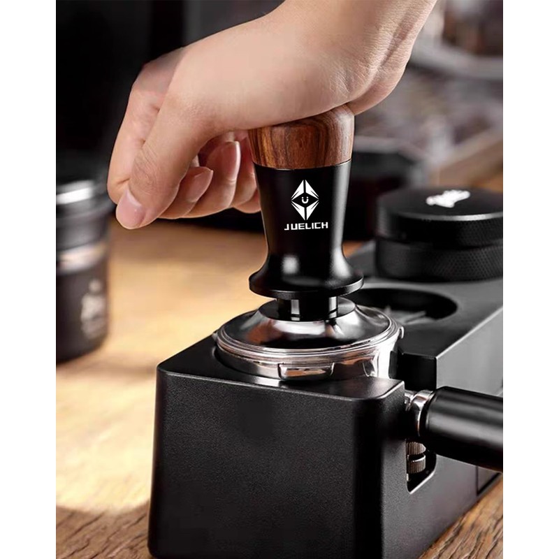 JUELICH 53mm Espresso Tamper with Wooden Handle – Spring-Loaded Coffee