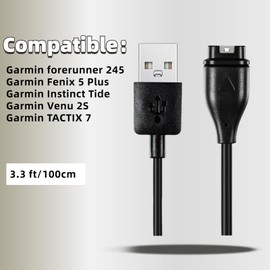 QHBAMD 2 Pack Charger for Garmin Forerunner 245/Fenix 5 Plus/Instinct Tide,Compatible with Garmin Venu 2S/TACTIX 7,USB A Charging Cable Dock Cord 3.3ft/1M with Charger Port Dust Plug