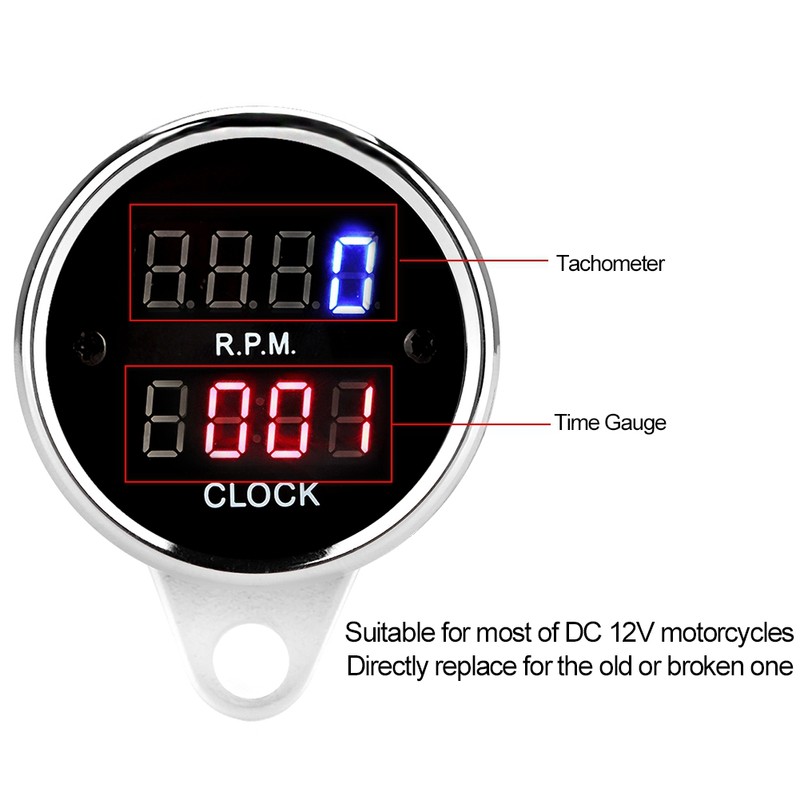DC 12V Universal Motorcycle Tachometer Time Clock Gauge LED Digital
