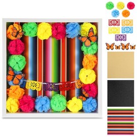 AceOrbit 29 Pcs Day of the Dead DIY Shadow Box Craft Set Large 12 X12 Inch Ofrenda Memorial Shadow Box with Day of the Dead Banner Marigold Flowers Background Paper Simulation Butterflies (Multicolor)