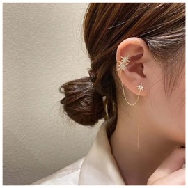 Yheakne Boho Crystal Northstar Ear Cuff Earrings Gold Cz Star Cuff Crawler Climber Earrings Long Tassel Cuff Earrings Rhinestone Star Chain Threader Earrings Jewelry for Women and Girls