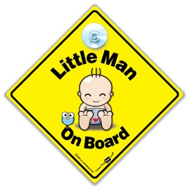 Little Man On Board Baby On Board Grandchild on Board Warning Sign with Suction Cup for Other Road Users a Child is in the Car 14cm x 14cm x 2cm