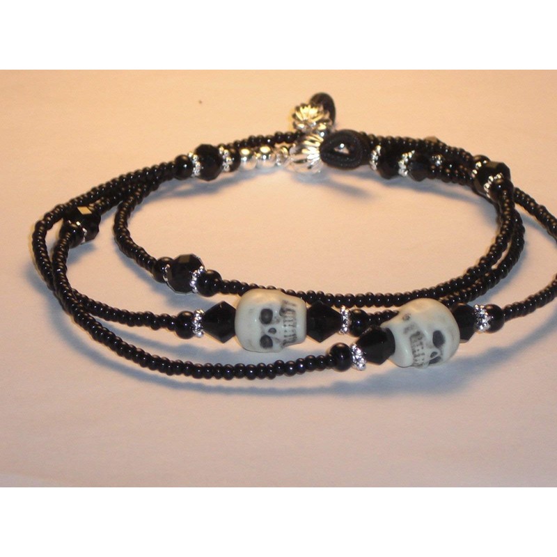 Beaded Eyeglass Chain Skulls Black Glass Seed Beads 28 inches