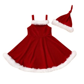 MBMSHEGH Toddler Baby Girls Christmas Dress Fluffy Stitching Spaghetti Strap Sleeveless Slip Dress+Knotted Santa Hat Outfits (A-Red, 2-3 Years)