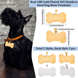 Beebeecraft 10Pcs 2 Colors Stamping Blanks with Hole 0.9x1.6 Inch 304 Stainless Steel Blank Dog Pet ID Tags for Engraving Bone Metal Charms for DIY Craft Message Word Jewelry Making