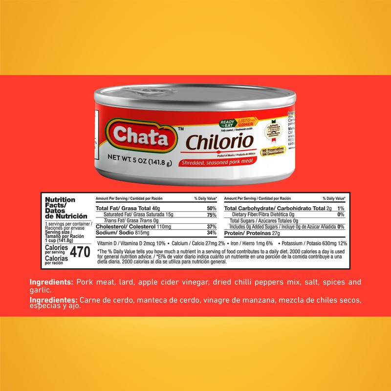 Chata Mexican Pork Chilorio, Seasoned Shredded Pork, 5 oz Can