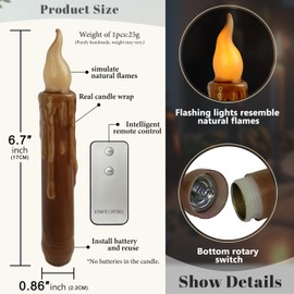 FCMSHAMD Brown Flameless Short Taper Candles, Real Wax Hand Dipped LED Battery Operated with Remote, Flickering Flame Lights for Festival Party Home Décor, 6.7 Inch Primitive Flameless Candles, 2PCS