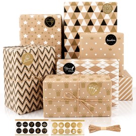 Gift Wrapping Paper 8 Birthday Wrapping Paper Sheets Brown Wrapping Paper Women Men Girls Boys Black Gold Wrapping Paper Gift Wrap Paper for Birthday Father's Day Baby Shower Graduation Party, 50X70CM